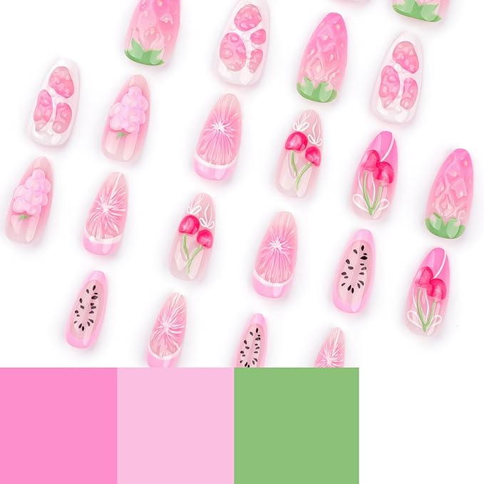 24Pcs Cherry Press on Nails Medium Almond Fake Nails with 3D Water Drop Grape Orange Design Pink Gradient Pitaya Full Cover Acrylic False Nails Ombre French Tip Summer Glue on Nails for Women