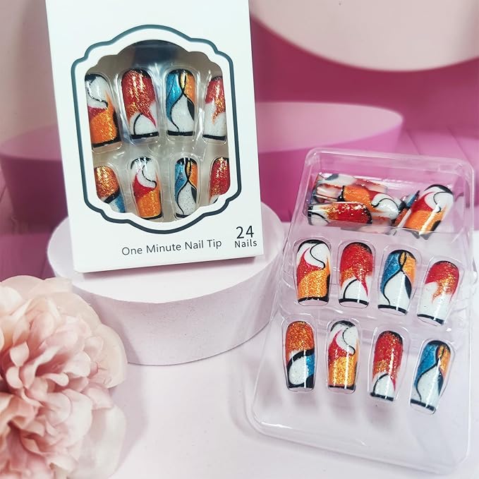 Black French Tips Press on Nails Curve Line Stick on Nails Medium Square Acrylic Full Cover False Nails Glossy Colorful Glitter Fake Nails 24Pcs Fire Pattern Gel Glue on Nails for Coquette Women Girls