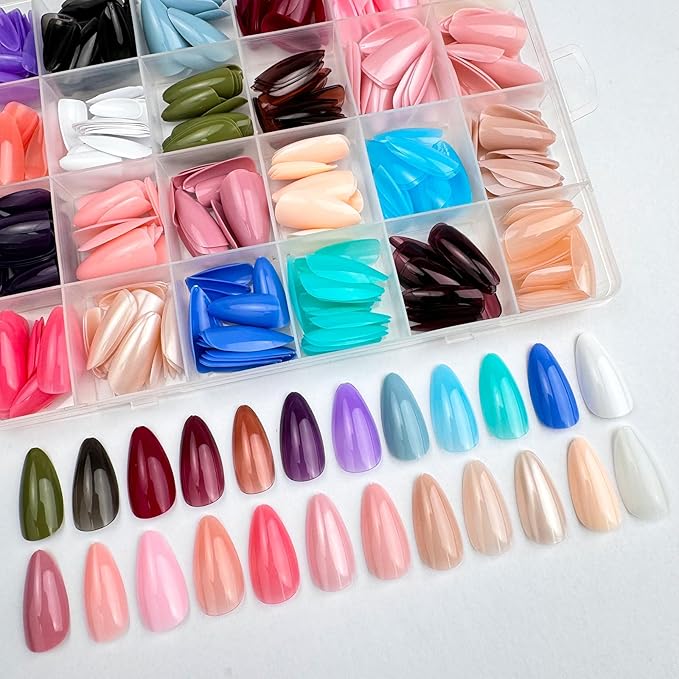 576 Pcs Press on Nails Medium Almond Fake Nails Solid Color False Nails 24 Color Glossy Acrylic Glue on Nails Reusable Artificial Nail Stick on Nail for Women Manicure