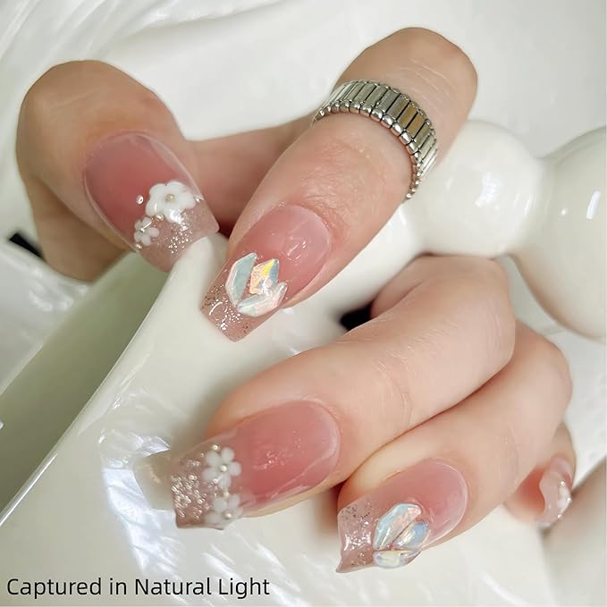 Tomato Red Press on Nails 3D Flower Coffin Fake Nails Medium Length False Nails Natural Fit Stick on Nail Tips for Spring and Summer