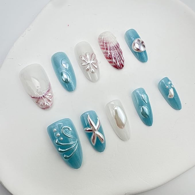 30Pcs Summer Press on Nails Medium Almond Fake Nails with 3D Pearl Ice Flower Shell Design White French Tip Acrylic False Nails Spring Floral Blue Ombre Full Cover Stick on Nails for Women