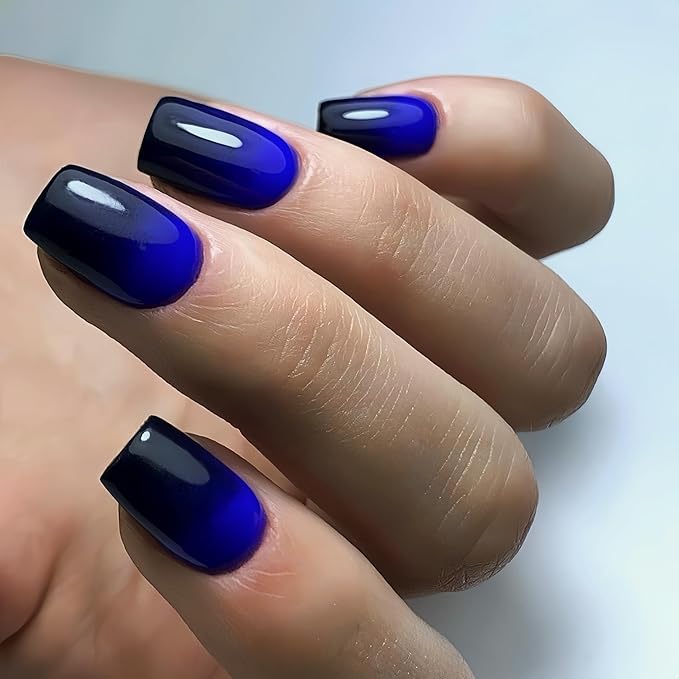 KQueenest Ombre French Press on Nails Short Square, Dark Blue Black Fake Nails Short Coffin, Gradient Color Acrylic Nails Press Ons, Soft Gel Glue on Nails for Women Decoration in 30 Pcs
