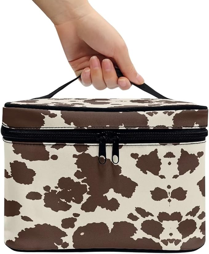 Cute Brown Cow Cowhide Design Travel Makeup Bags for Women and Portable Tote Cosmetic Case with Carry Handle Toiletry Accessories Storage Organizer Bags