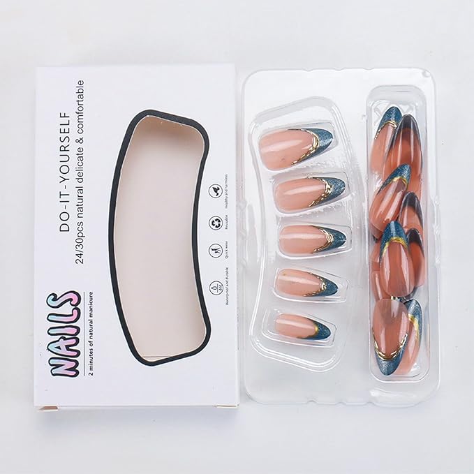 French Tip Press o Nails Medium Almond Fake Nails Blue Cat Eye False Nails Press ons with Gold Line Stripes Designs Glossy Glue on Nail for Women Manicure Deco 24Pcs