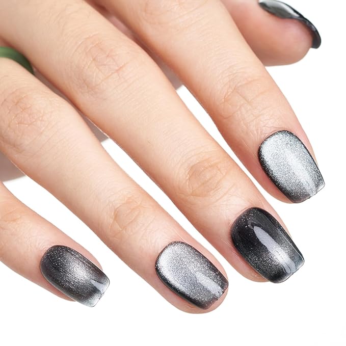 GLAMERMAID Press on Nail Extra Short Square, Winter Handmade Black French Tip Cat Eye Gel Glue on Nail, Glossy Fake Nails Reusable Acrylic False Nails Manicure Kits for Women