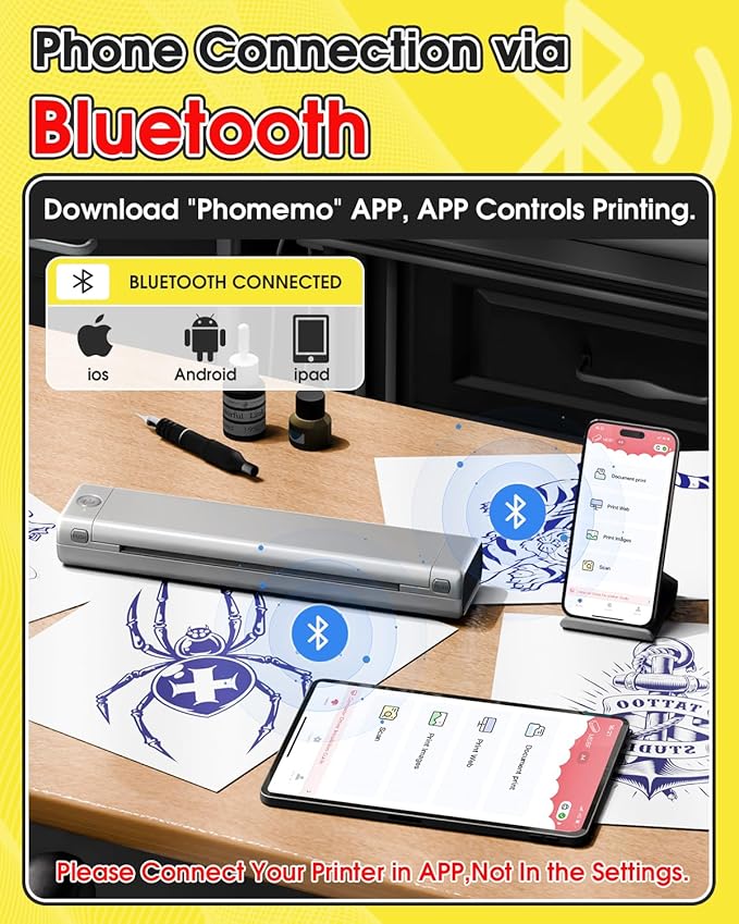 Phomemo M08F Tattoo Stencil Printer Bluetooth, Inkless Tattoo Machine with 10pcs Transfer Paper, Portable Printer for Tattooing, Compatible with Smartphone & PC, Silver