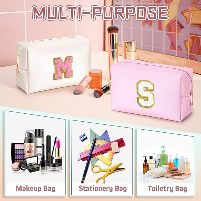 TOPEAST Initial Makeup Bags for Women, Personalized Portable Cosmetic Bag for Travel, Cute Makeup Pouch, PU Leather Waterproof Toiletry Bag, Preppy Things for Girl (Pearly White V)