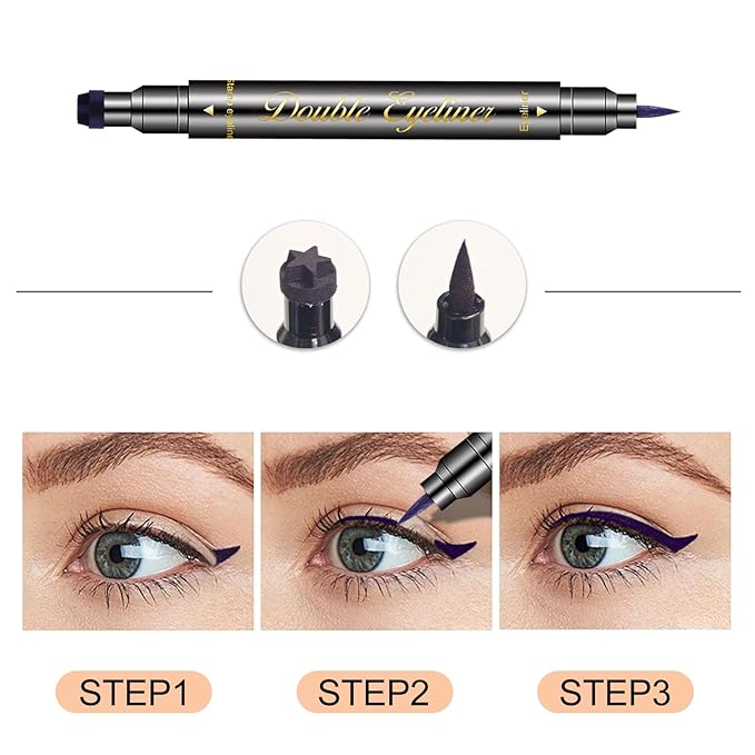 6 PCS Double-Head Liquid Stamp Eyeliner, Colored 6 in 1 Stars Flowers Hearts Moon Smiley Face Triangle Stamps Makeup Stamp Set, Waterproof Slim Gel Felt Tip Liquid Eyeliner, Halloween Makeup