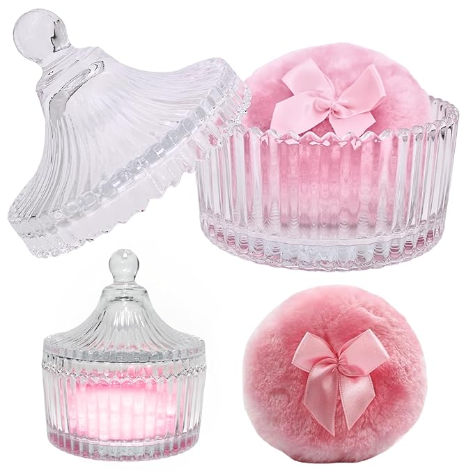 2 Pcs Large Body Powder Puff and Container Powder Container with Puff Crystal Case Soft Washable Reusable Velour Face Body Glitter Wet Dry Makeup (Pink)