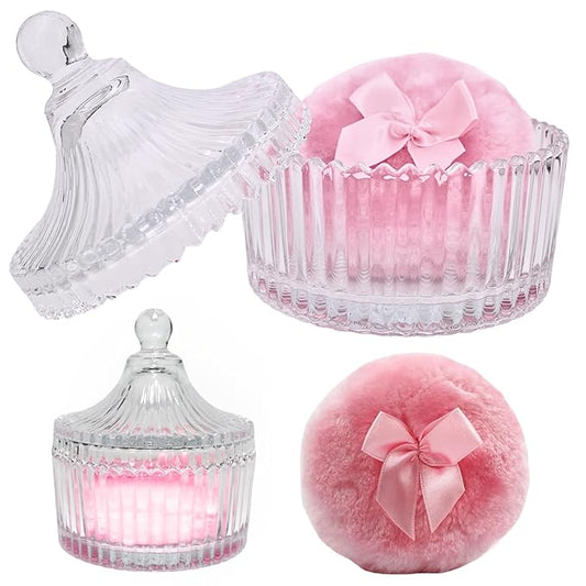 2 Pcs Large Body Powder Puff and Container Powder Container with Puff Crystal Case Soft Washable Reusable Velour Face Body Glitter Wet Dry Makeup (Pink)