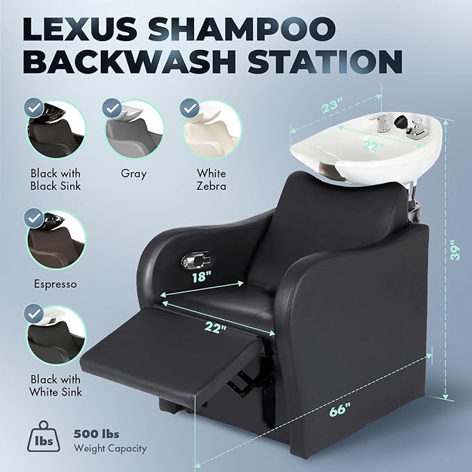 Buy-Rite Lexus Backwash Unit - Professional Salon Shampoo Chair with Tilting White Porcelain Bowl, Kick-Out Leg Rest, Extra Wide Seat & Single-Handle Faucet, Black Chair, TS-8018B