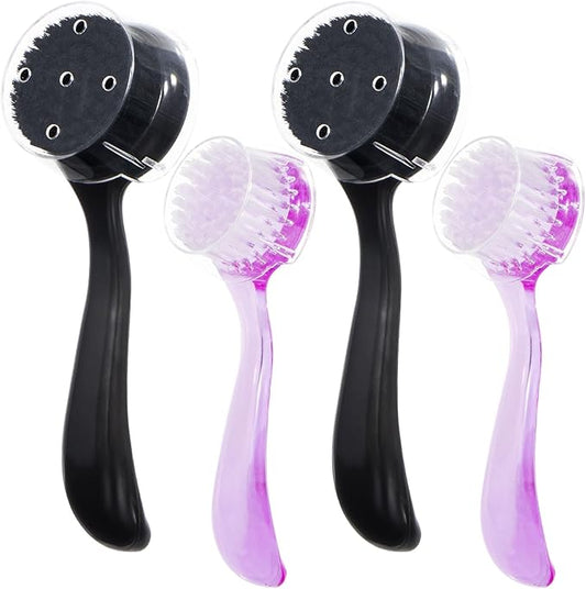 4 Pcs Handheld Face Scrubber, Facial Cleansing Brush Charcoal Black Bristles Face Exfoliator Soft Brush with Lid for Gentle Deep Cleansing and Exfoliating, Large Black+Small Purple