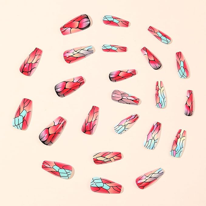 Red Ombre Press on Nails Marble Acrylic Full Cover Fake Nails 24Pcs Glossy Black Gradient Medium Coffin False Nail Crack Stick on Nail Curve Line Gel Glue on Fingernails for Holiday Manicure Art