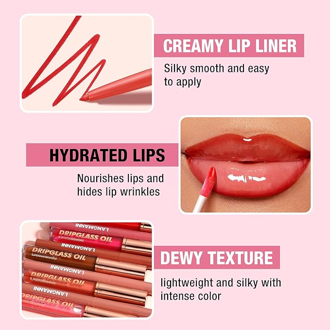 Jolilab Matte Lip Liner Lip Oil Set, Lip Makeup Set Natural Smooth Long-Lasting And Hydrating Beauty Daily Cosmetics Gift for Girls Easy-to-Use(8pcs)