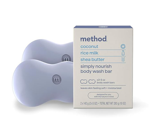Method Bar Soap, Simply Nourish, Coconut, Rice Milk + Shea Butter notes, Plastic Free, 2 bars, 5oz each