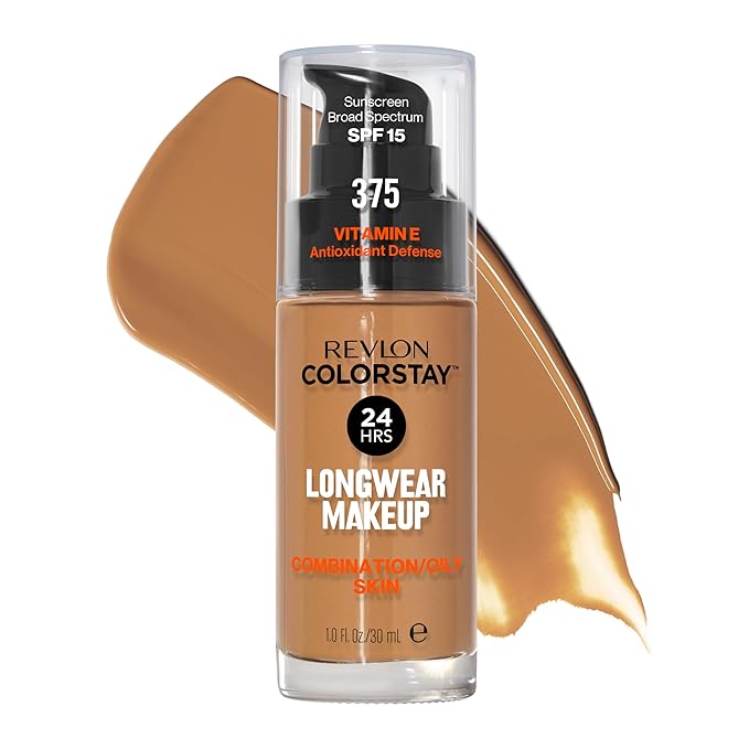 Revlon Liquid Foundation, ColorStay Face Makeup for Combination & Oily Skin, SPF 15, Medium-Full Coverage with Matte Finish, 375 Toffee, 1 fl oz
