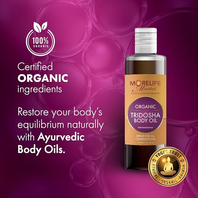 Tri-Dosha Body Oil (Dhanwantram Oil) | Premium Ayurvedic Massage Oil with 45+ Organic Herbs for Vata, Pitta & Kapha Balance | Herbal Wellness Ritual & Skin Radiance – 7 oz Bottle