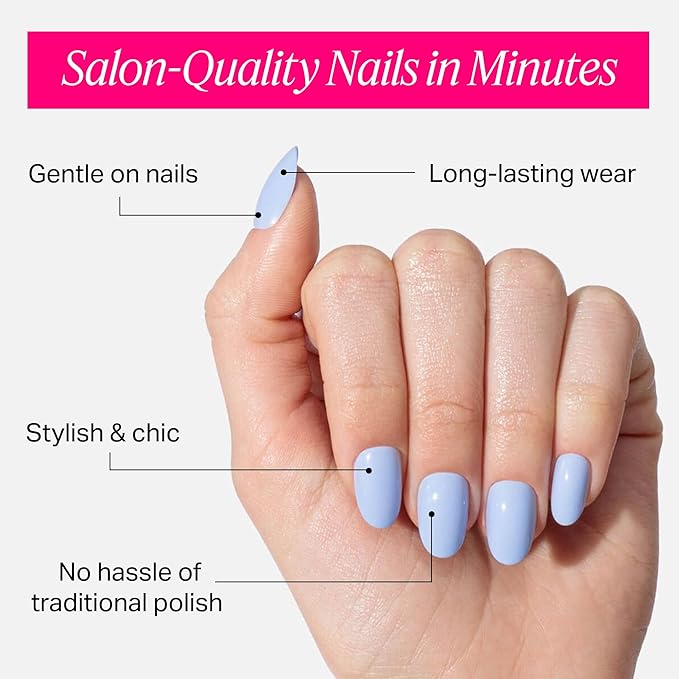 Nailboo Press On Nails, Salon-Quality Reusable Fake Nails for Fast DIY Manicure with Strong Hold Nail Glue for Press Ons, Nail File, & Alcohol Prep Pads, Baby Blue