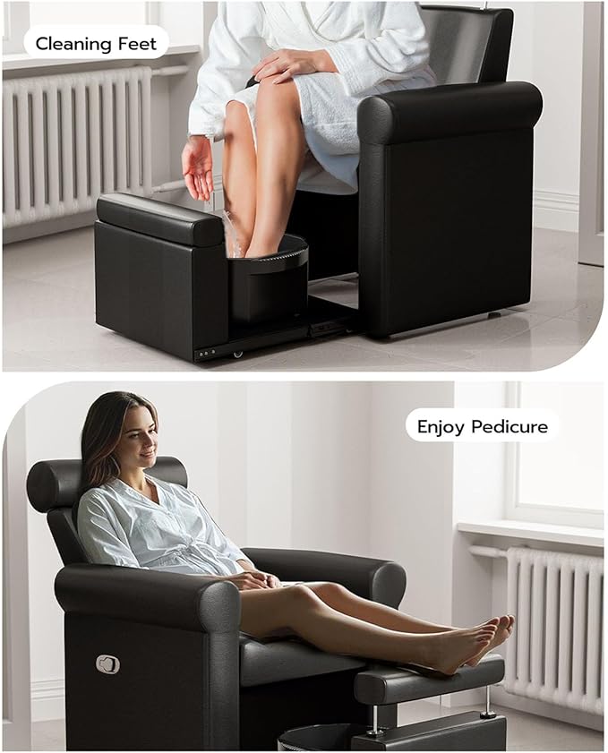 Icoget Professional Pedicure Chair No Plumbing, Reclining Pedicure Station Pipeless with Retractable Base and Adjustable Legrest Used in Salons, Home, Waterproof Foot Spa Chairs