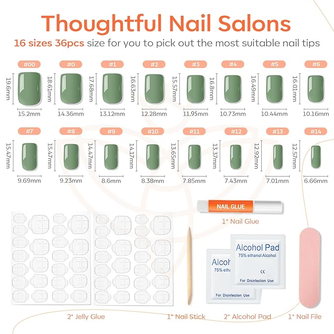 Modelones Green Press on Nails, Christmas Short Square Fake Nails, Reusable Nail Kit with Nail Glue Adhesive Tabs Mini Nail File, Nails Press Ons 32Pcs16 Sizes