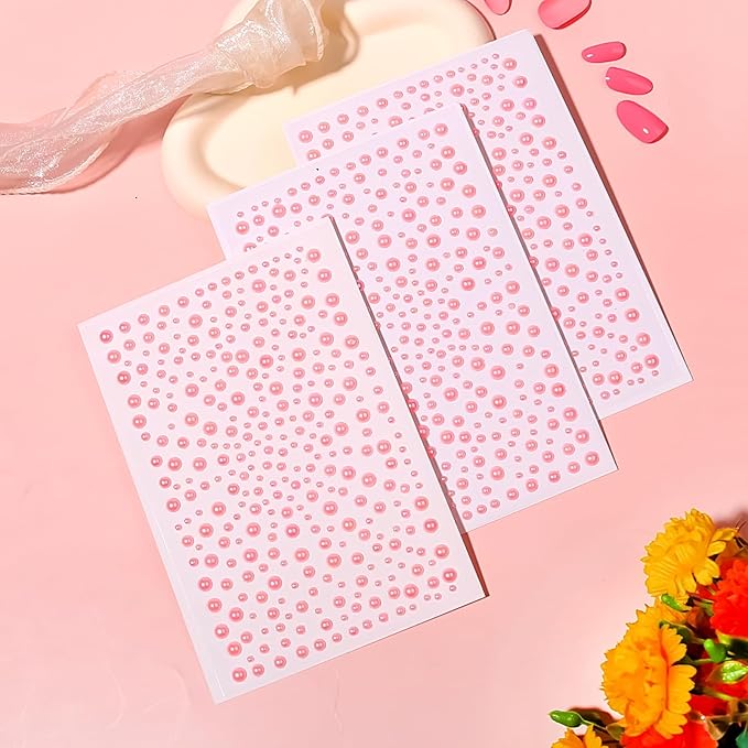 975Pcs Face Gems Hair Gems, Self-Adhesive Face Jewels Eye Jewels Rhinestones 3/4/5/6 mm DIY Face Gems Stick on, Hair Body Rhinestones Gems Crystals Pearls for Face Makeup, Crafts (Pearl_Pink)