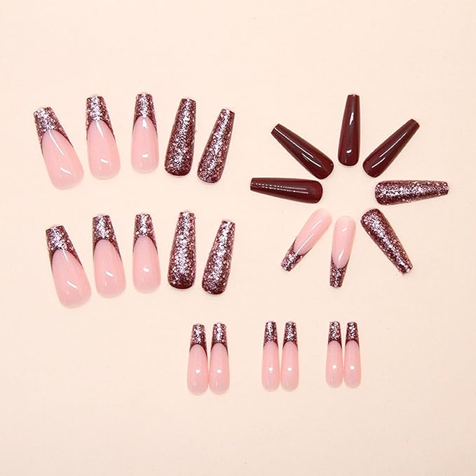 Coffin Press on Nails Extra Long Fake Nails Glossy Glue on Nails with Glitter Sequins Designs French Tip Nails Press ons Burgundy False Nails Claret Artificial Stick on Nails for Women 24Pcs