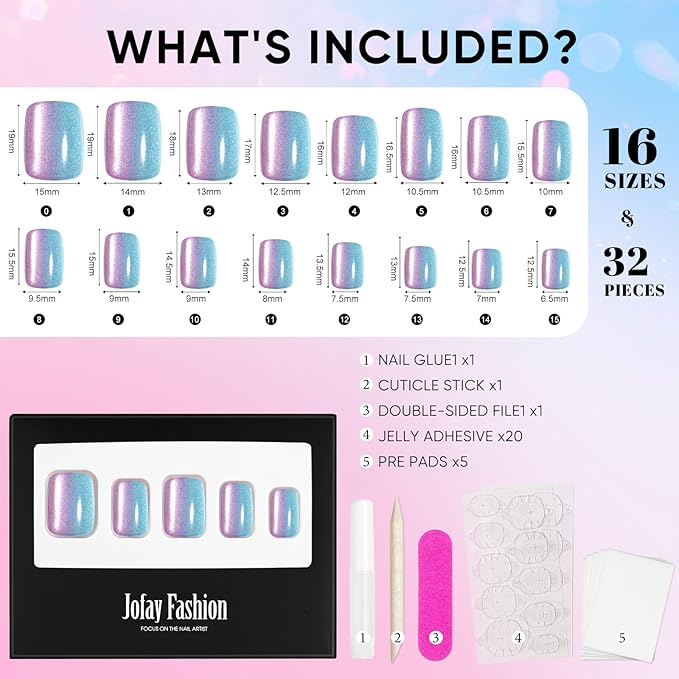 Press on Nails Short, Jofay Fashion Fake Nails, Two-color Ombre Cat Eye Press on Nails, Summer Acrylic False Nails, Reusable Stick on Nails for Women Girls, Glue on Nails Kit 32 Pcs, Twilight Purple