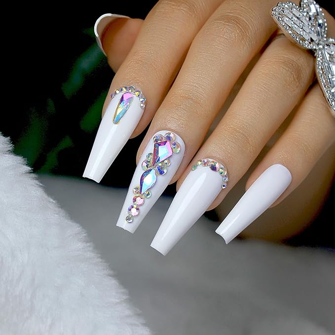 Yivaiks 24 PCS White Coffin Press on Nails Long Nails,Rhinestone Crystal Fake Nails with Nail Glue on Nails for Women,Ballerina Acrylic Nails Glossy False Nails