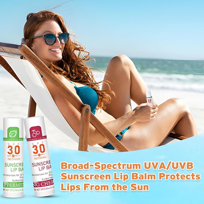 SPF 30 Sunscreen Lip Balm, Bulk Travel Size - 32 Pack, Hydrating with Vitamin E & Coconut Oil - 8 Flavors