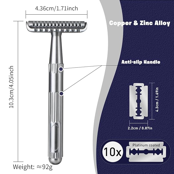 Matte Silver Double Edge Safety Razor, Single Blade Razors for Men and Women, with 10 Stainless Steel Safety Razor Blades, Reusable, Smooth and Close Wet Shaving Kit, Plastic Free