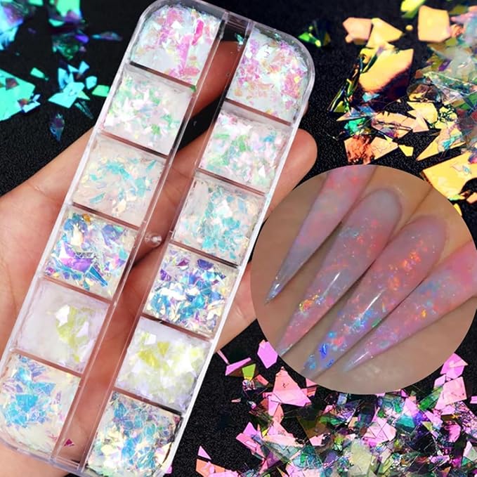 12 Colors Holographic Nail Art Glitter Sequins Aurora Holographic Mermaid Nail Glitter Flash Ice Residue Nail Glitter Sequin Chameleon Flakes Set Fluorescent Glass Paper for Face Body DIY Decoration