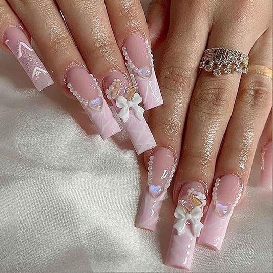Pink Press on Nails Long,3D Pearl Fake Nails Square Bling Glossy Rhinestone False Nail Tips Artificial Nails for Women and Girls-24pcs