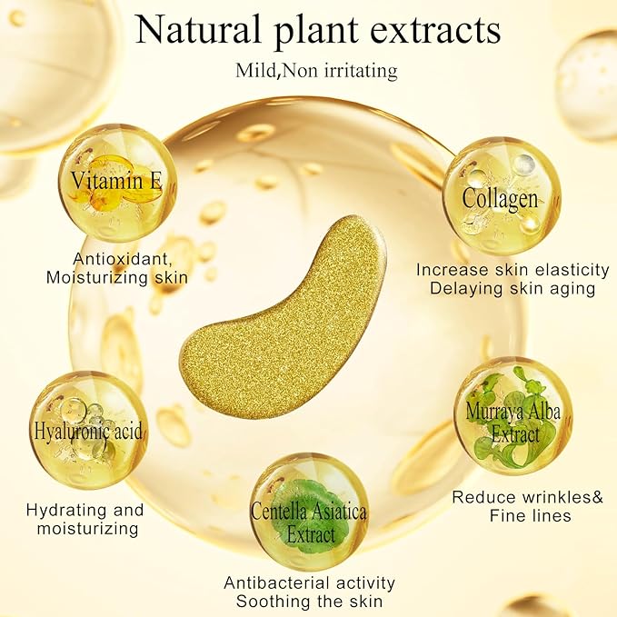 Under Eye Patches(30 Pairs), 24K Gold Eye Mask for Dark Circles, Puffy Eyes and Wrinkles, with Hyaluronic Acid & Collagen