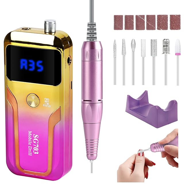 Portable Nail Drill Professional 35000 RPM, MOCOWIND Rechargeable Electric Nail File Machine for Acrylic Nails Gel Polishing, Cordless E-File with Bits Kit for Manicure Salon Home, Yellow & Purple