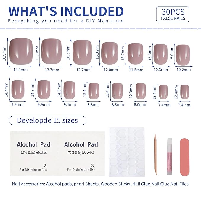 Caramel Beige Press On Nails Short, Glossy Soft Gel Press On Nails Square with Nail Glue, 15 Sizes - 30 Fake Nails Kit, Thick Natural Reusable Glue On Nails for Women, Silken Caramel