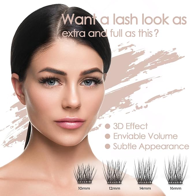 DIY Eyelash Extension, 3D Effect Glue Bonded Band Individual Lash 48 Clusters Volume Lashes Set, Home Eyelash Extension, C curl Lashes Pack 14MM-48 Clusters
