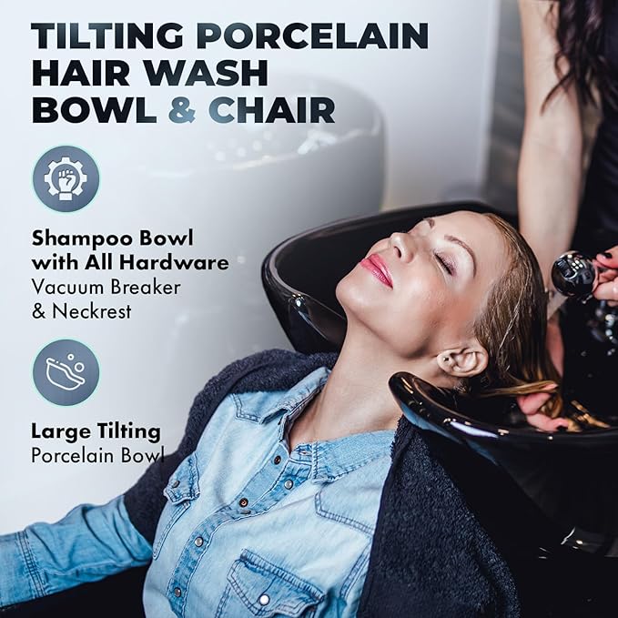 Buy-Rite Icon Shampoo Backwash Unit for Salons & Barbershops, Wide Seat with Lumbar Support, Modern Quilted Vinyl Design, Tilting Porcelain Bowl with Dual Nozzle & Built-In Vacuum Breaker - YLG-192-BW