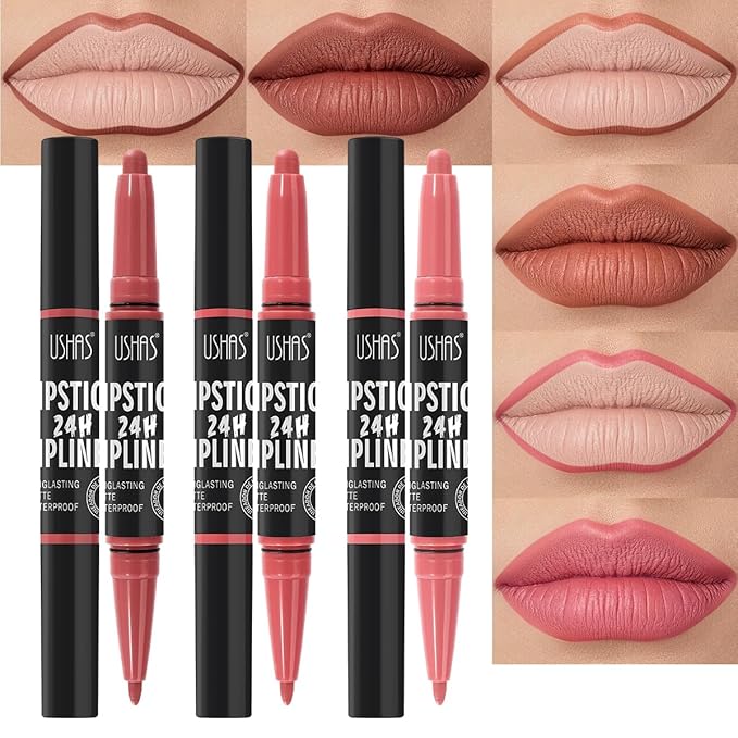 USHAS 3Pcs Lipstick and Lip Liner Combo Set 2 in 1 Makeup Kits Long Lasting and Waterproof Nude Matte Lipstick For Women (Set 2 (04+05+06), 3Pcs)