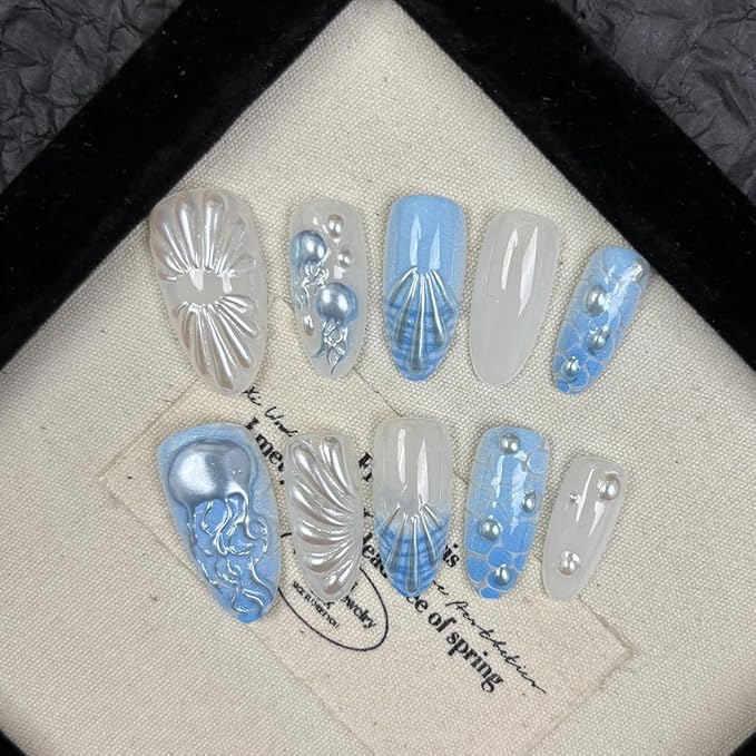 30Pcs Summer Beach Press on Nails Medium Almond Fake Nails 3D Blue Jellyfish with Rhinestones Glitter Designs Full Cover French Tip Stick on Nails Ocean False Nails for Women Girls Acrylic Nail Art