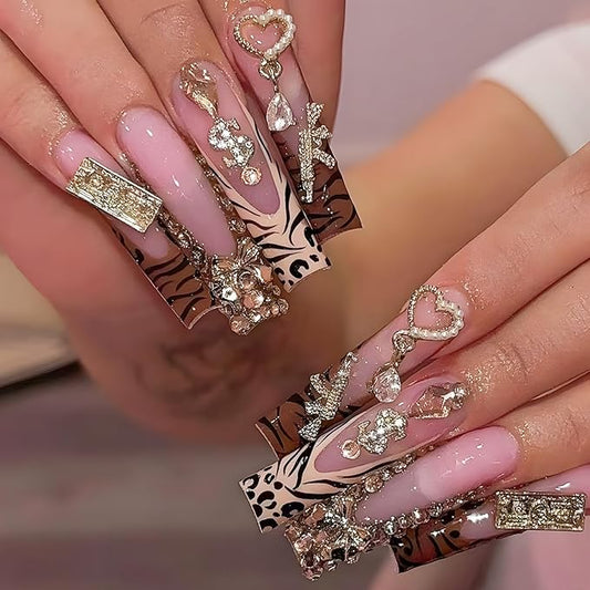 Square Press on Nails Long Fake Nails XL False Nails Extra Long French Tip Glue on Nails Brown Artificial Nails with Bow and Rhinestones Designs Stick on Nails for Women 24pcs