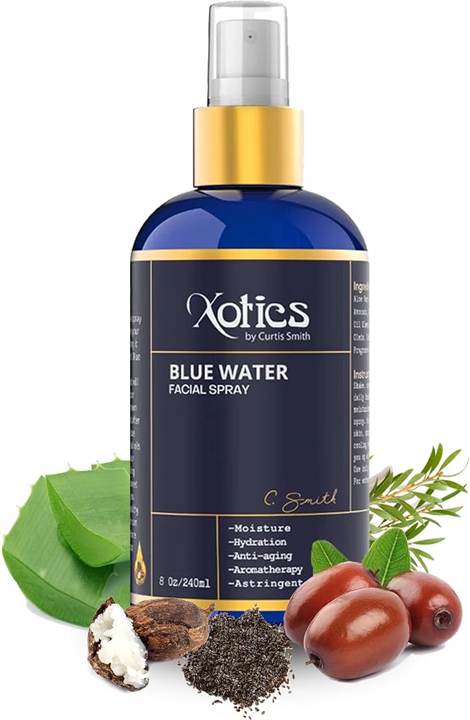 Xotics Blue Water Facial Spray - 8oz - Hydrating Face Mist with Aloe Vera - Refreshing Toner for Men & Women, Aftershave, Daily Moisturizing Splash for All Skin Types