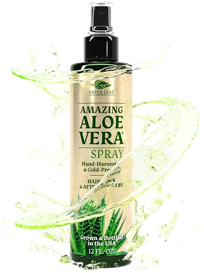Green Leaf Naturals Aloe Vera Spray | 99% Cold-Pressed Aloe Vera Juice with Vitamin C, E & A | Hair, Skin, Facial Moisturizer, Sunburn Relief & After Sun Lotion 12oz