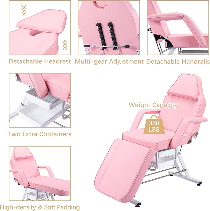 Tattoo Chair Facial Bed with Two Trays Esthetician Bed Adjustable Folding Salon Bed with Hydraulic Stool Massage Bed for Professional Massage Facial Lash Beauty Treatment Spa,Pink
