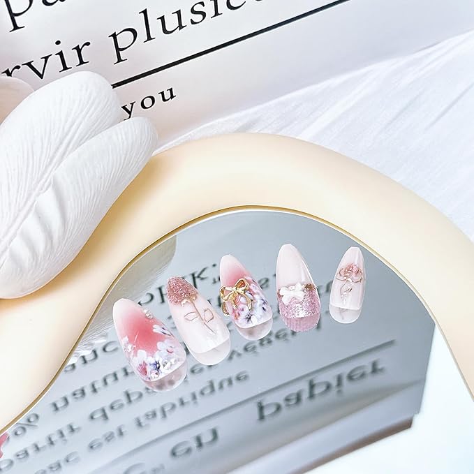 24Pcs Flower Press on Nails Medium Almond Fake Nails with Bow Rhinestones Designs Pink Acrylic Nails Glitter Glue on Nails Cute Floral False Nails Rose Flowers Stick on Nails for Women Nail Supplies