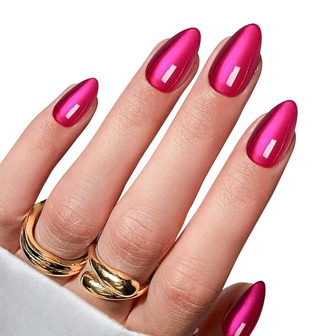 Press on Nails Short-Hot Pink Cat Eye Press on Nails Almond Natural Fit & Glossy Stick on Nails with Glue in 15 Sizes-30 Reusable Fake Nails with Glue & Glue Remover