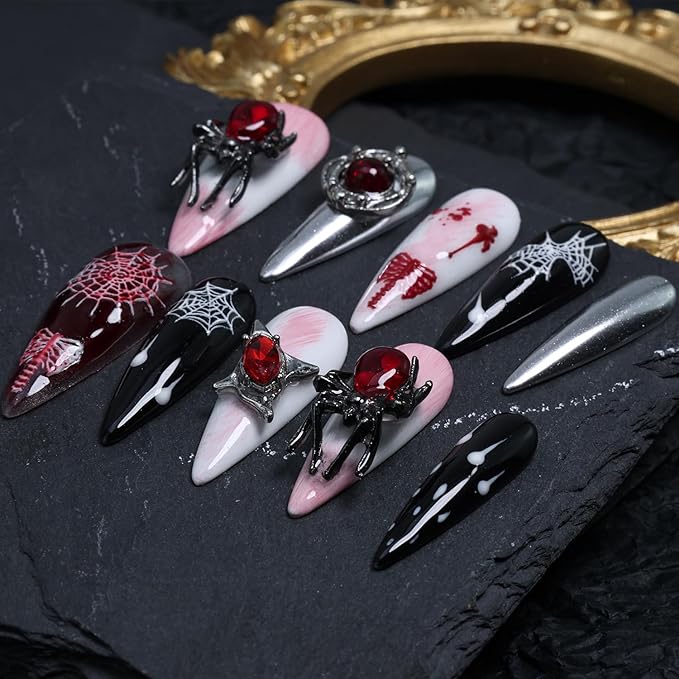 10Pcs Halloween Handmade Press on Nails Long Almond Goth Fake Nails 3D Spider Rhinestones with Spider Web Designs Black Red Press Ons Glue on Nails Horror False Nails for Women Acrylic Manicure Tips