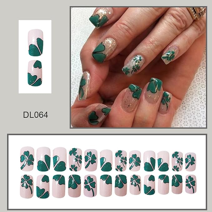 St. Patrick's Day four-leaf Press on Nails with French Clover Glitter Design,Glossy Sparkly Silver Green Four Leaf Clover Fake Nails Full Cover Glue on Nails Lucky Shamrock Stick on Nails for Women