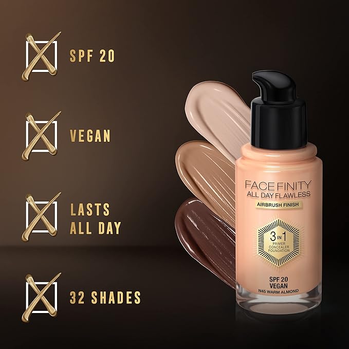 Max Factor Facefinity All Day Flawless 3 In 1 Foundation SPF 20, No. 45 Warm Almond