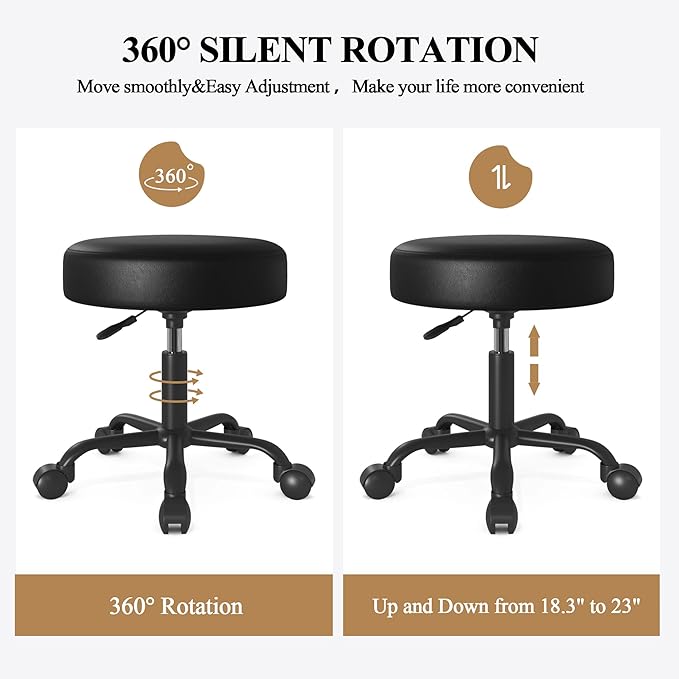 SHA CERLIN Rolling Stool with Wheels Swivel Shop Salon Chair Adjustable Drafting Massage Medical Tattoo Spa with PU Leather Cushioned, Black