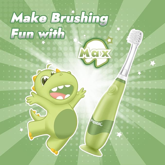 Papablic Toddler Sonic Electric Toothbrush Kids for Ages 1-3 Years, Baby Electric Toothbrush with Cute Dino Cover and Smart LED Timer, 2 Brush Heads (Max)